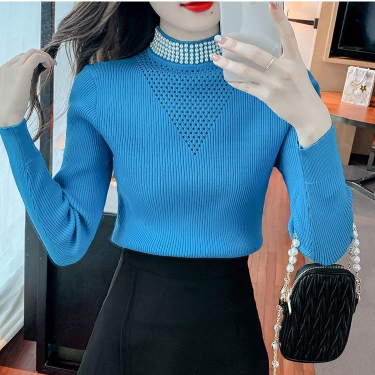 Women High Neck Sweater Slim Beaded Stretch Knit Sweater Fall and Winter Long Sleeve Pullover Knit Top