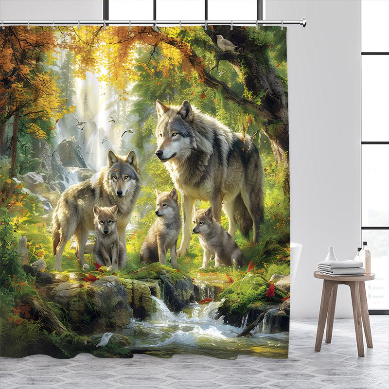Forest Wolf Shower Curtains Full Moon Mountain Winter Cedar Grey Blue Bathroom Decor Polyester Fabric Bath Curtain With Hooks