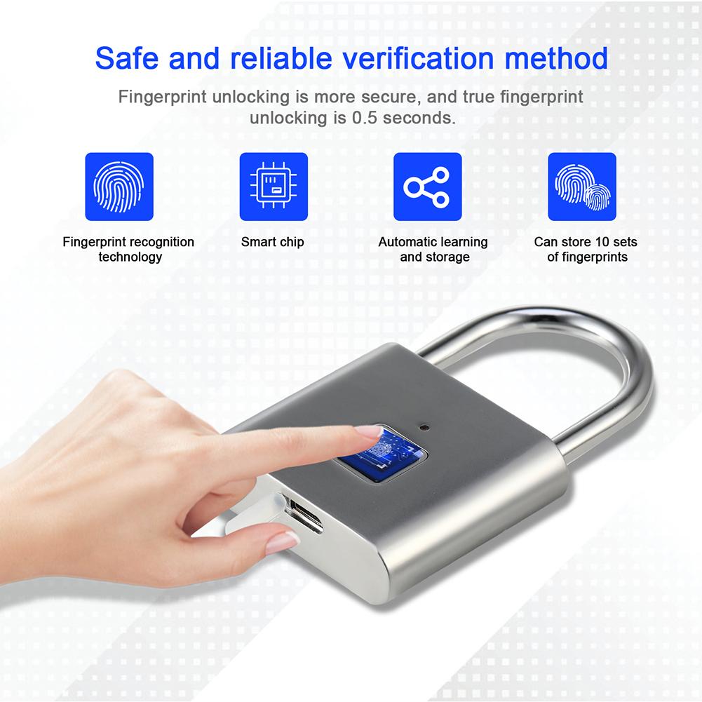 O10 Smart Fingerprint Padlock Waterproof Biometric Fingerprint Keyless Door Lock USB Rechargeable Security Padlock House Unlock