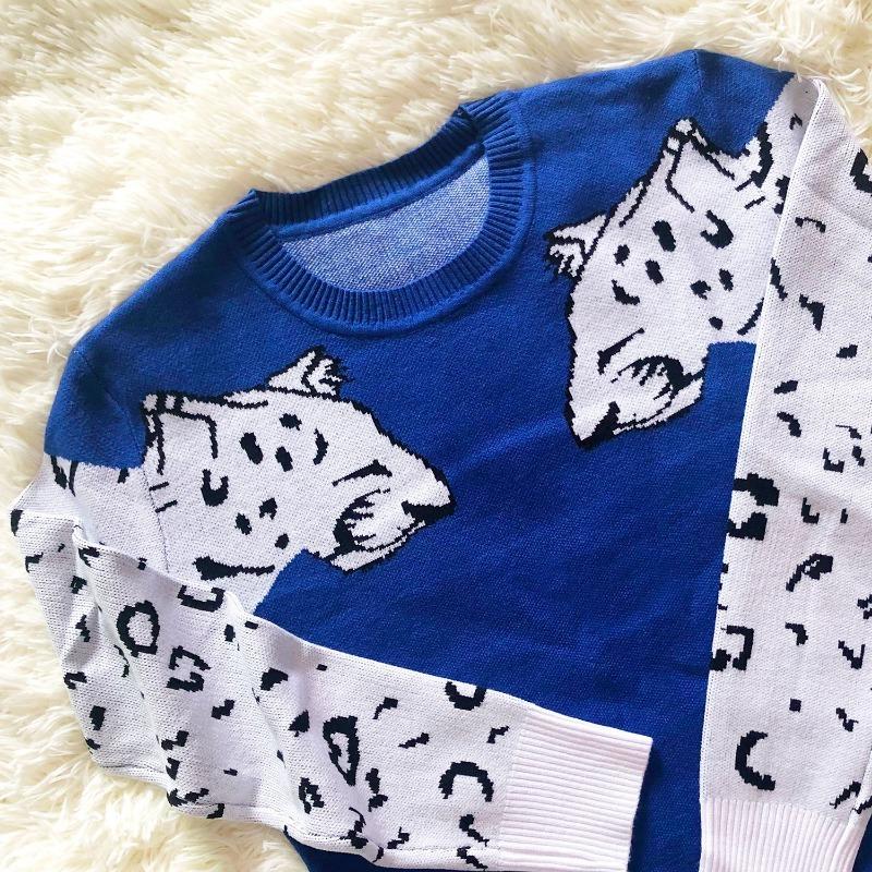 Podzimní a zimní dámský leopardí vzor pletený svetr s dlouhým rukávem vlněný svetr