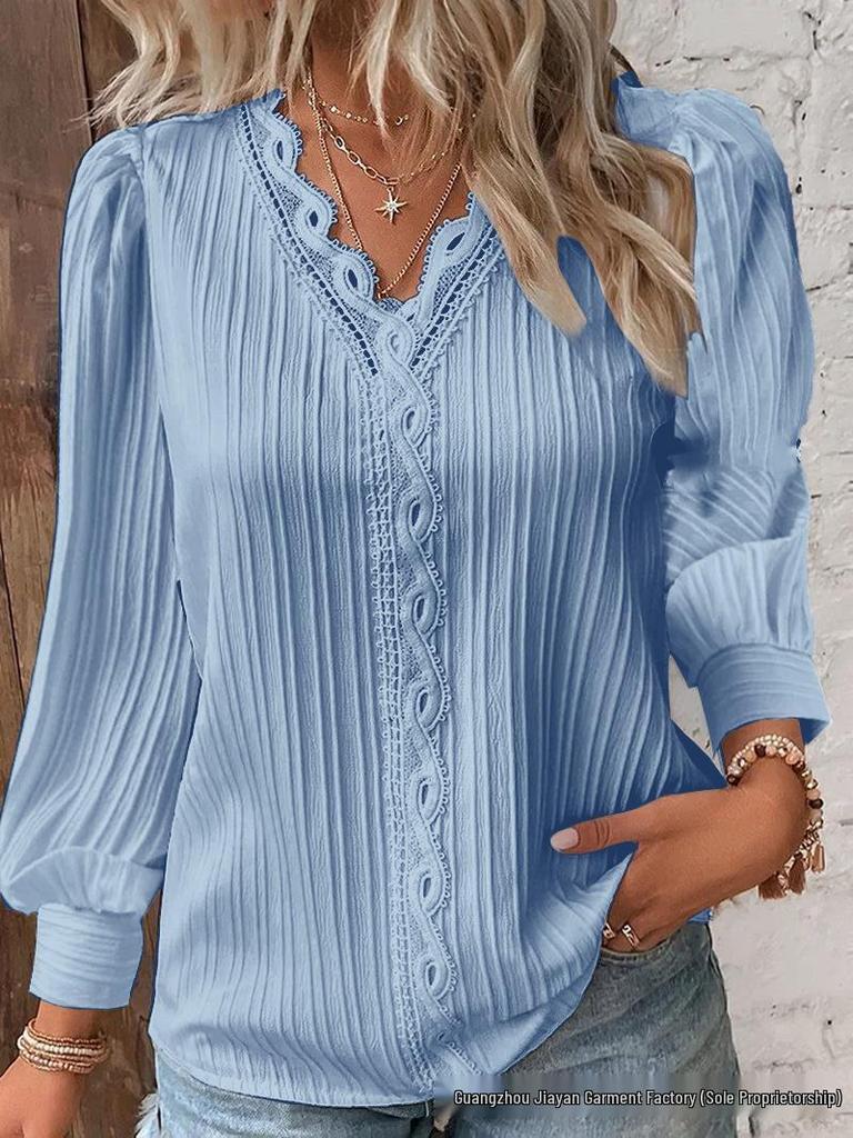 Autumn V-Neck Lace Splice Long Sleeve Shirt for Women