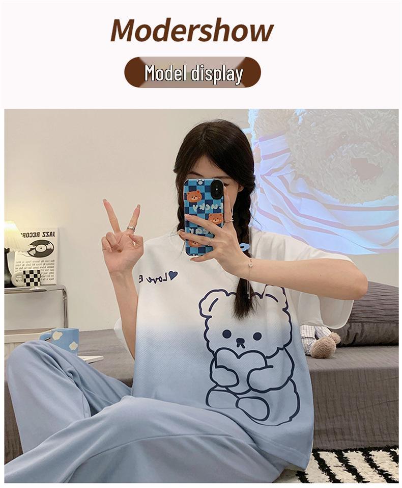 Women's Korean Style Cartoon Pajama Set - Short Sleeve, Long Pants, Plus Size, Casual Homewear
