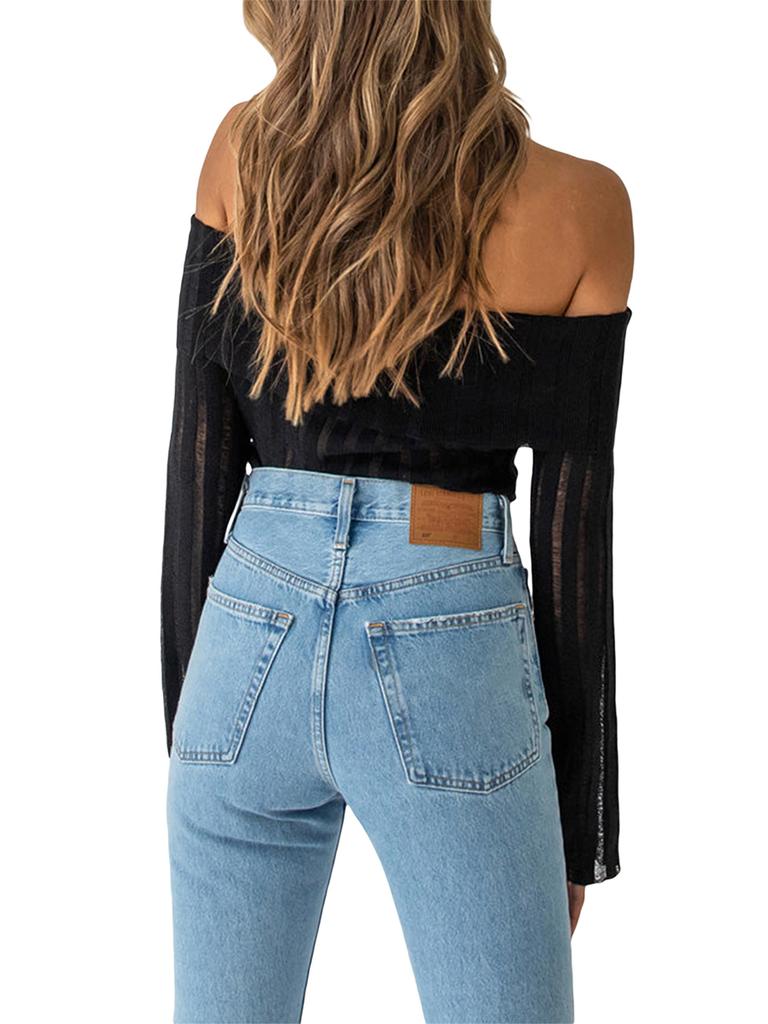 Women Y2k Fairy Off Shoulder Long Sleeve Top Tee Slim Fitted Crop Tops Basic T-Shirts Pullover Blouse Streetwear