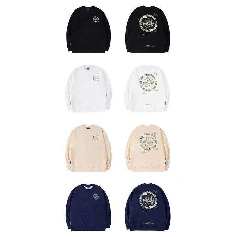 Wassup Rose Circle Letter Trendy Brand Crew Neck Sweatshirt for Men, New Heavyweight Pullover Top for Couples in Spring and Autumn