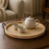 Round Serving Tray with Handles Raised Rim Wooden Woven Center Platter
