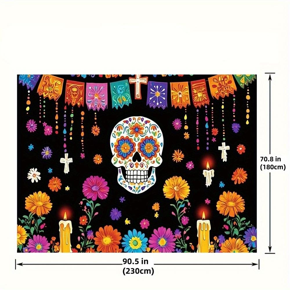 A day of dead sugar skull polyester background - vibrant floral design and cross, Mexican party decoration