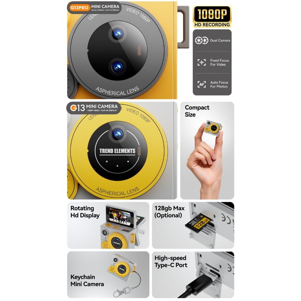 G13 HD Thumb Camera, Dual Lens, Flip Screen, Photo and Video Recording, Retro Selfie Camera, Student Camera, Include 32GB Memory Card+card Reader