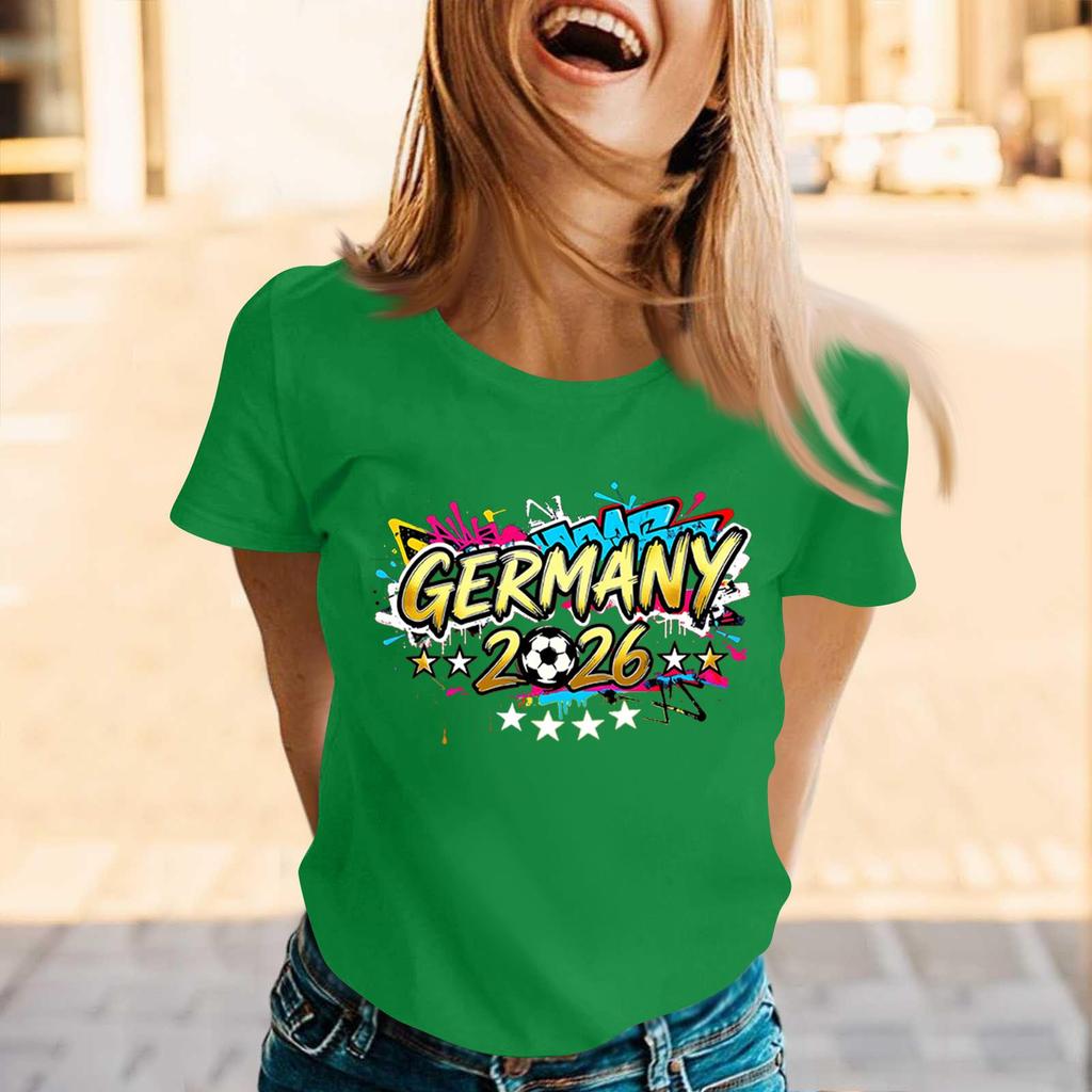 Womens Casual Crew Neck Short Sleeve Pullover T Shirt with Germany 2026 Letter Print Graphic for Soccer Supporters Top