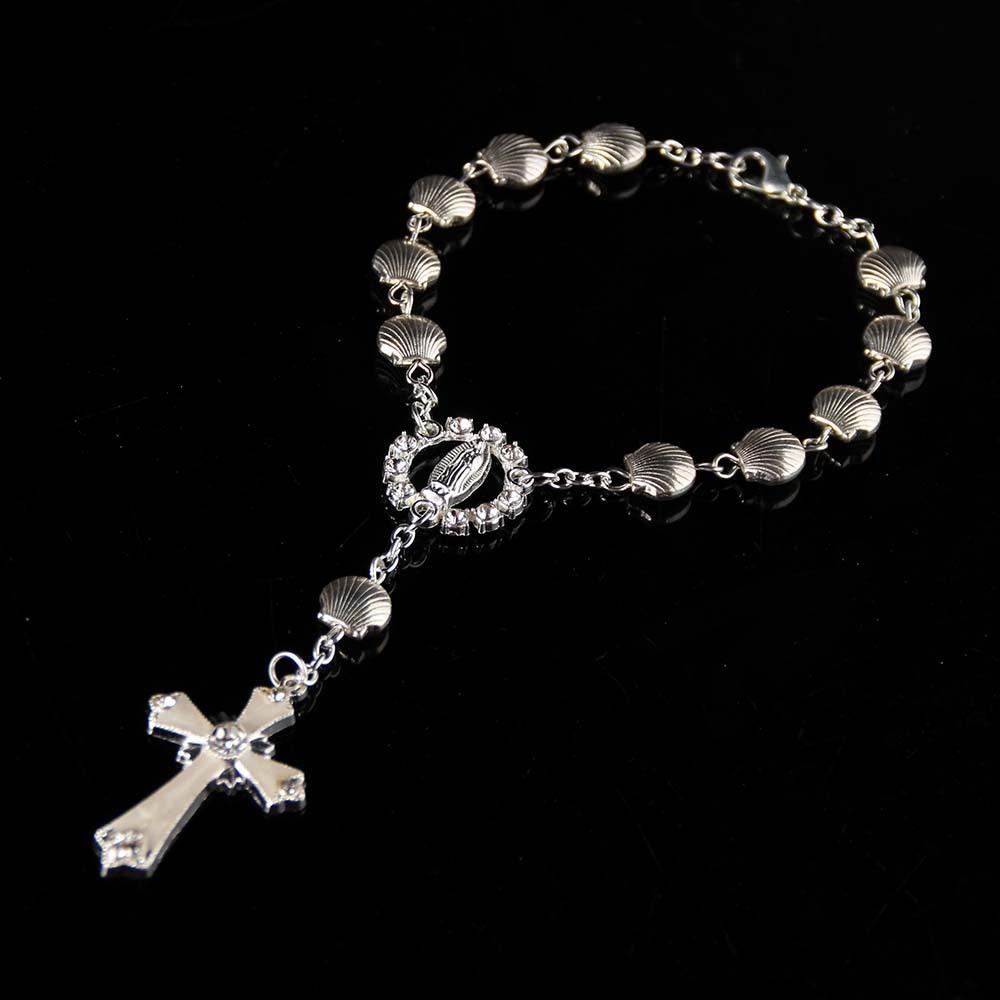 Vintage Silver-Plated 8mm Flat Scallop Shell Beads Rosary Bracelet