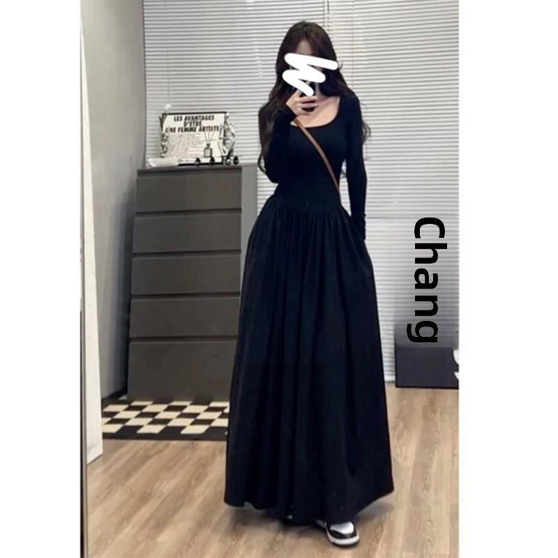 Dámské černé pletené šaty s dlouhým rukávem ve stylu Hepburn, podzimní 2023