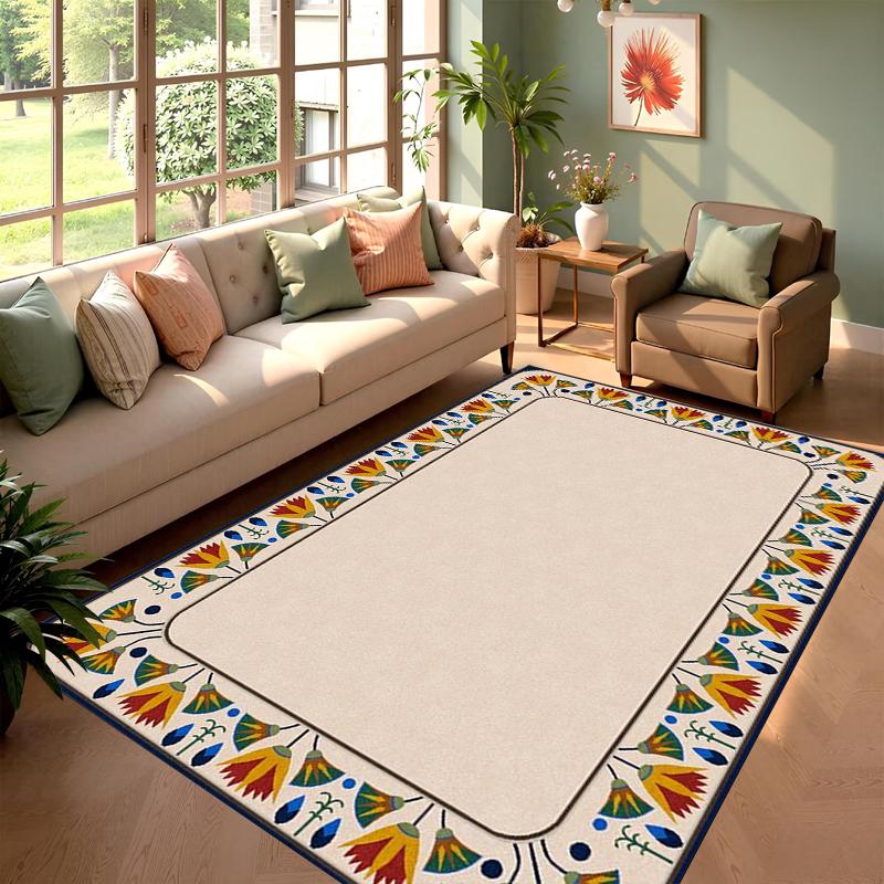 Bohemian Egyptian Lotus Border Rectangular Carpet Vintage Soft Decorative Floor Mat for Living Room Bedroom Home Decor
