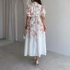 Women's new retro celebrity style floral stand-up collar short-sleeved belt waist wide pendulum dress