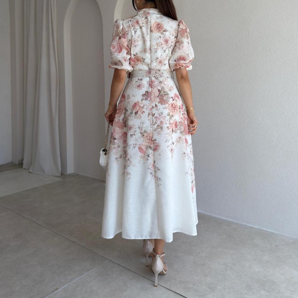 Women's new retro celebrity style floral stand-up collar short-sleeved belt waist wide pendulum dress