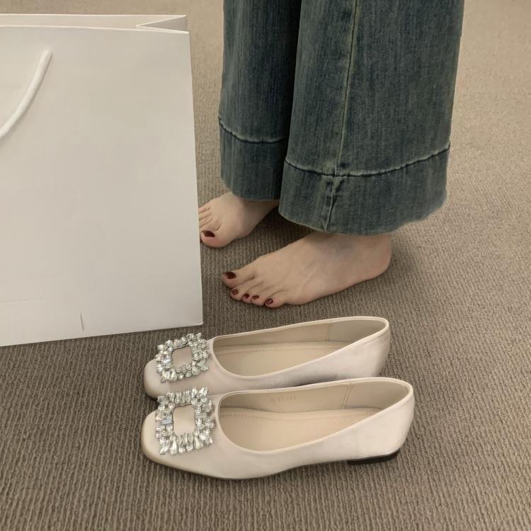 French flat-bottomed high-end rhinestone square buckle satin single shoes for women's spring 2025 new gentle wind evening shoes