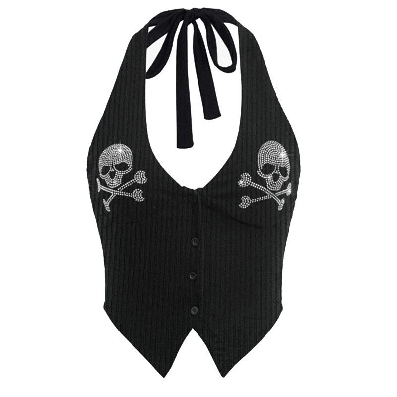 

2024INS Sexy Button Halter Top: Trendy European & American Slim-Fit Vest for Women Medium чорний