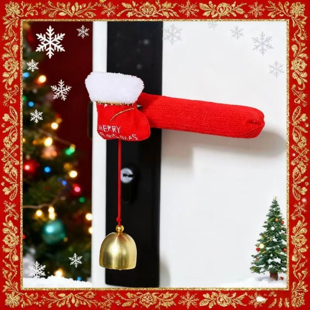 Cartoon Christmas Door Handle Covers Soft Protective Santa Claus Doorknob Cover Cute with Hanging Bells Door Knob Cover New Year