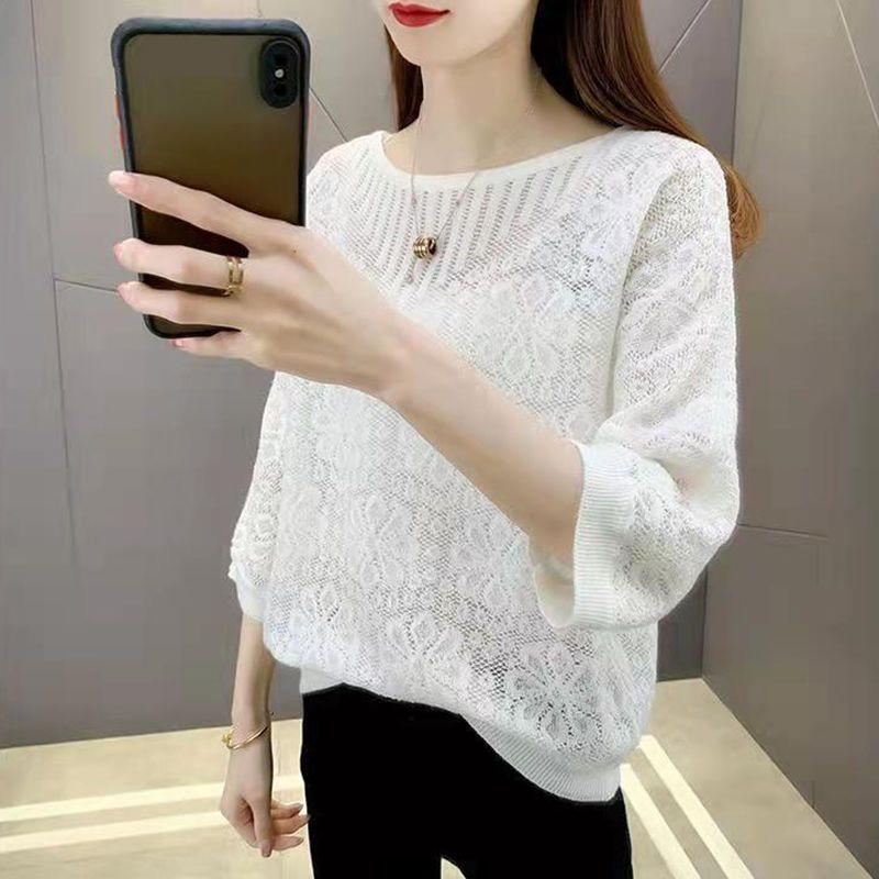 Hollow Knit T-shirt for Women Spring and Summer Round Neck Knit Sweater Loose Top for Women