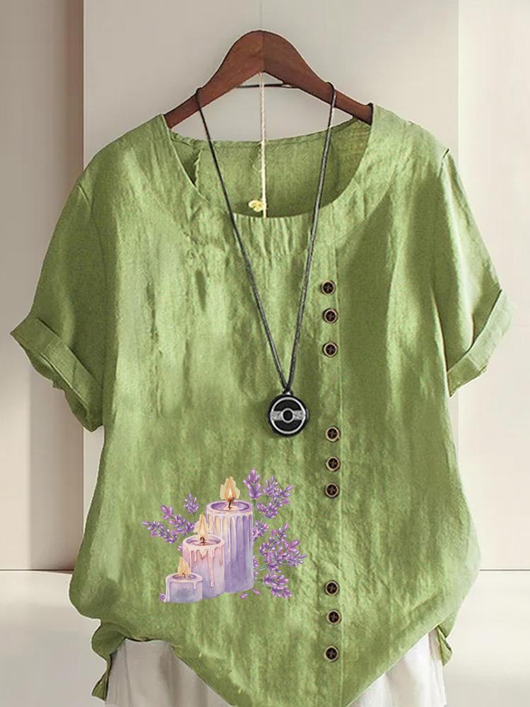 

Women s Fashion Purple Flower Candle Print Round Neck Short Sleeve T-shirt Casual Cotton Linen Graphic Shirt Leisure Loose Summer Blouse Tops 5XL зелений