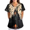 Women's Halloween Print Loose Fit V-Neck Short Sleeve Uniform Top with Pockets