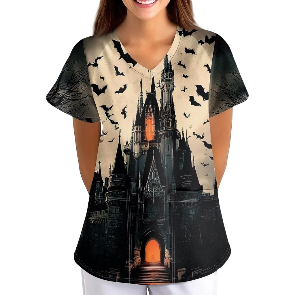 Women's Halloween Print Loose Fit V-Neck Short Sleeve Uniform Top with Pockets