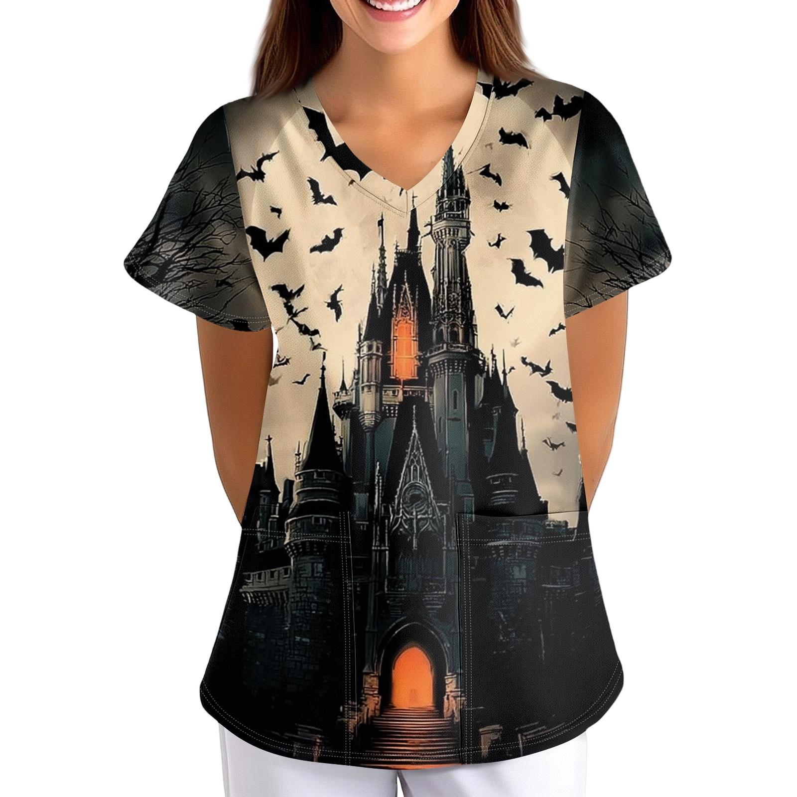 Women s Halloween Print Loose Fit V-Neck Short Sleeve Uniform Top with Pockets L
