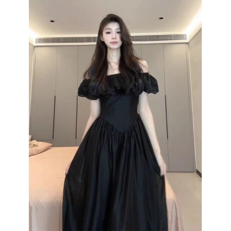 

Plus Size Women s Clothing Plus Size Ladies Summer Slimming Dress French Retro Hepburn Style Ruffles off-Shoulder Vacation Dress Black 2XL