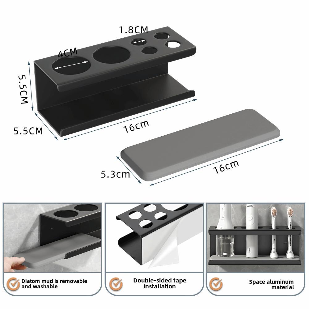 New Aluminum Alloy Toothbrush Holder No Drilling with Diatom Base Toothbrush Rack Self Adhesive Bathroom Storage Shelf Home Use