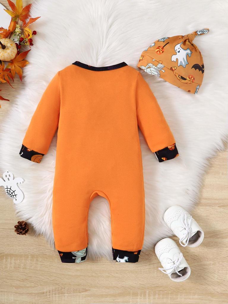 0-18 Monate Herbst Babykleidung 2-teiliges Halloween Strampler-Set Geister-Kürbis-Print + Mütze Neugeborenen Overall Kleinkind Süßes oder Saures Outfit