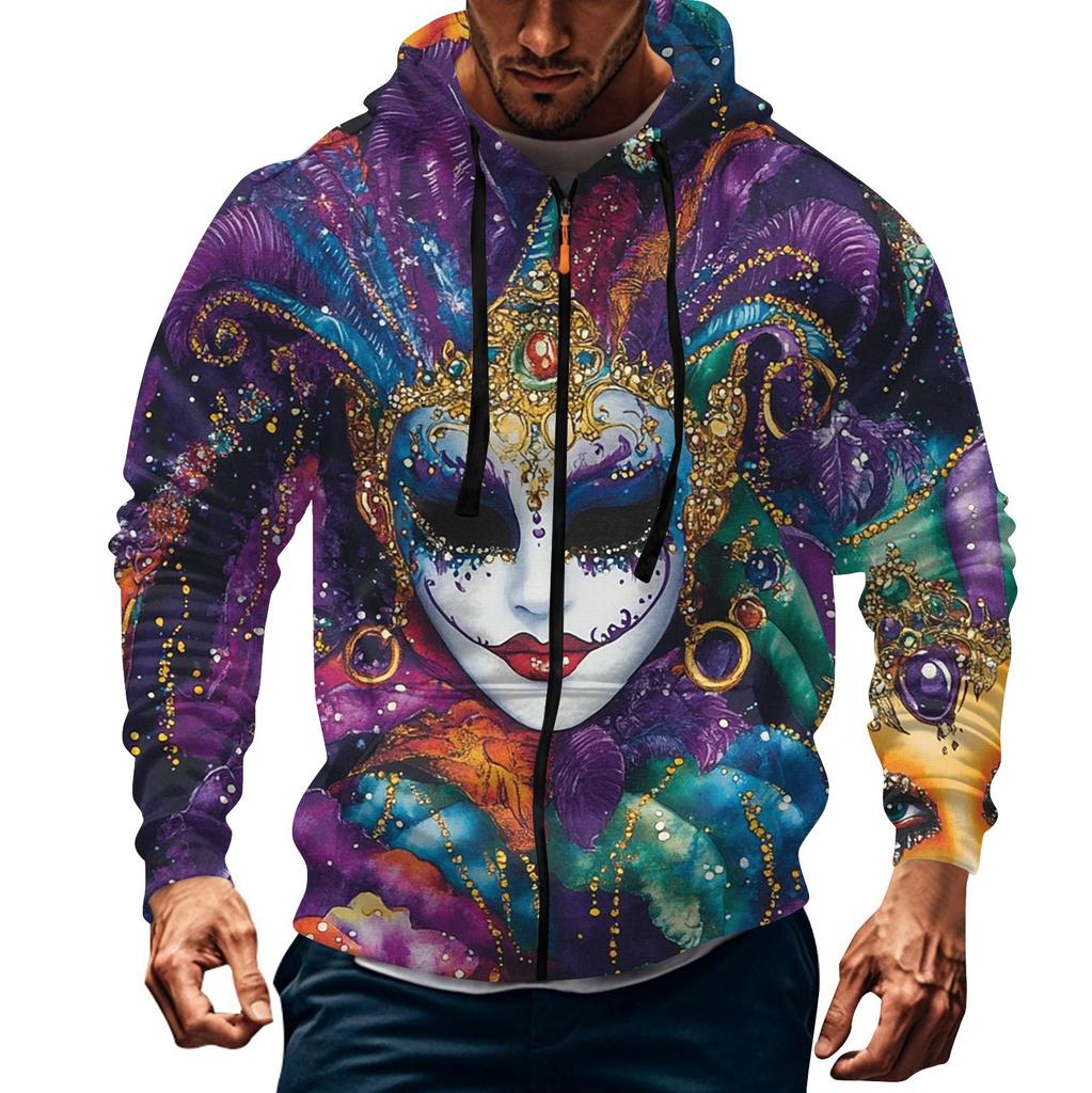 Men's Sports Casual Fleece Hoodie Carnival Print Hoodie Cardigan Zipper Multi-pocket Hoodie Coat
