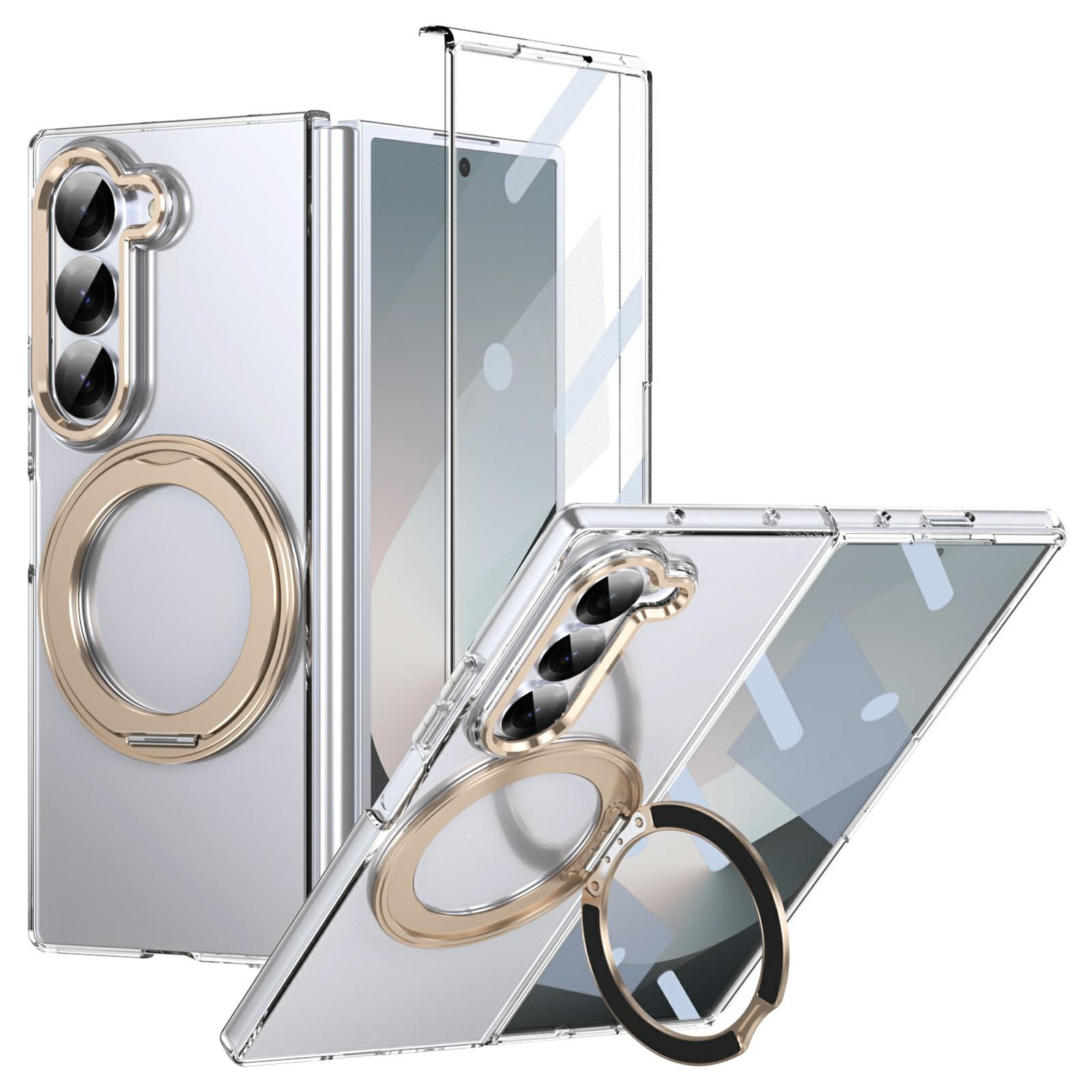 

For Samsung Galaxy Z Fold6 5G Case Magnetic Kickstand Clear PC Phone Cover with HD Screen Film Desert Gold