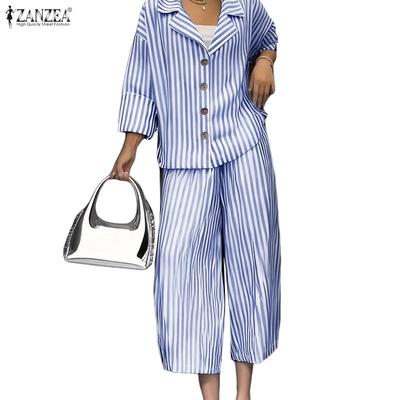 Blusa de Manga Comprida Feminina e Calças Conjuntos de Terno de Duas Peças Listrado Casual