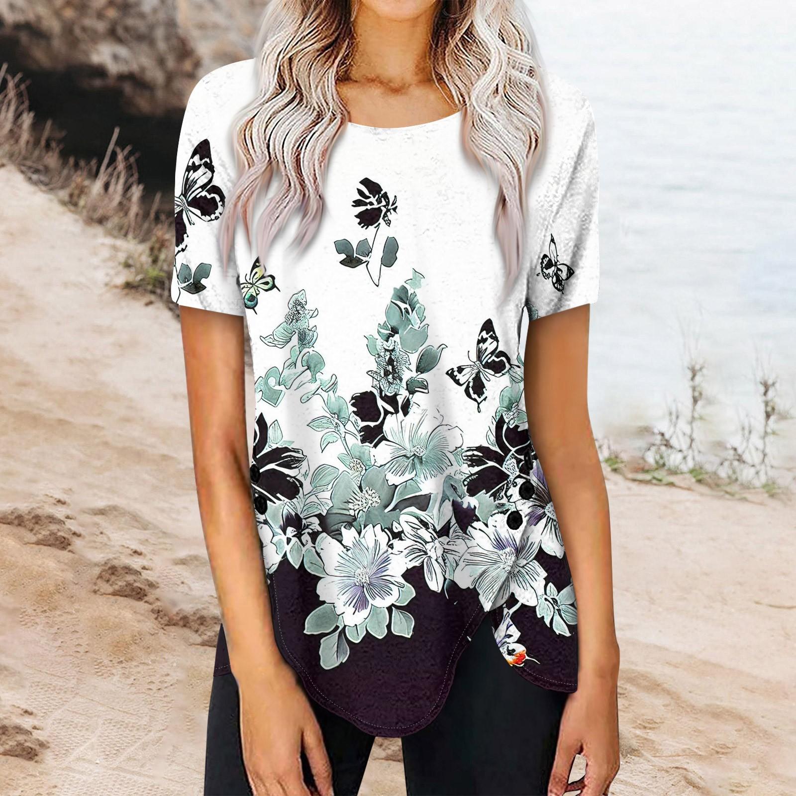 

Женская мода повседневная блузка с коротким рукавом и круглым вырезом с принтом на пуговицах сбоку XL белый