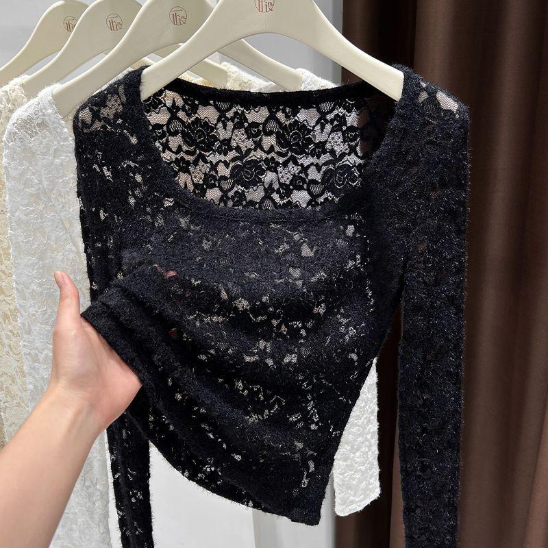 Women's Long Sleeve Lace Blouse Square Neck Sheer Slim Fit Elegant Top