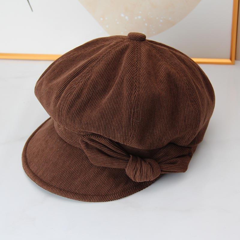 Bow corduroy octagonal hat women's autumn and winter retro newsboy hat wide brim showing face small versatile painter hat