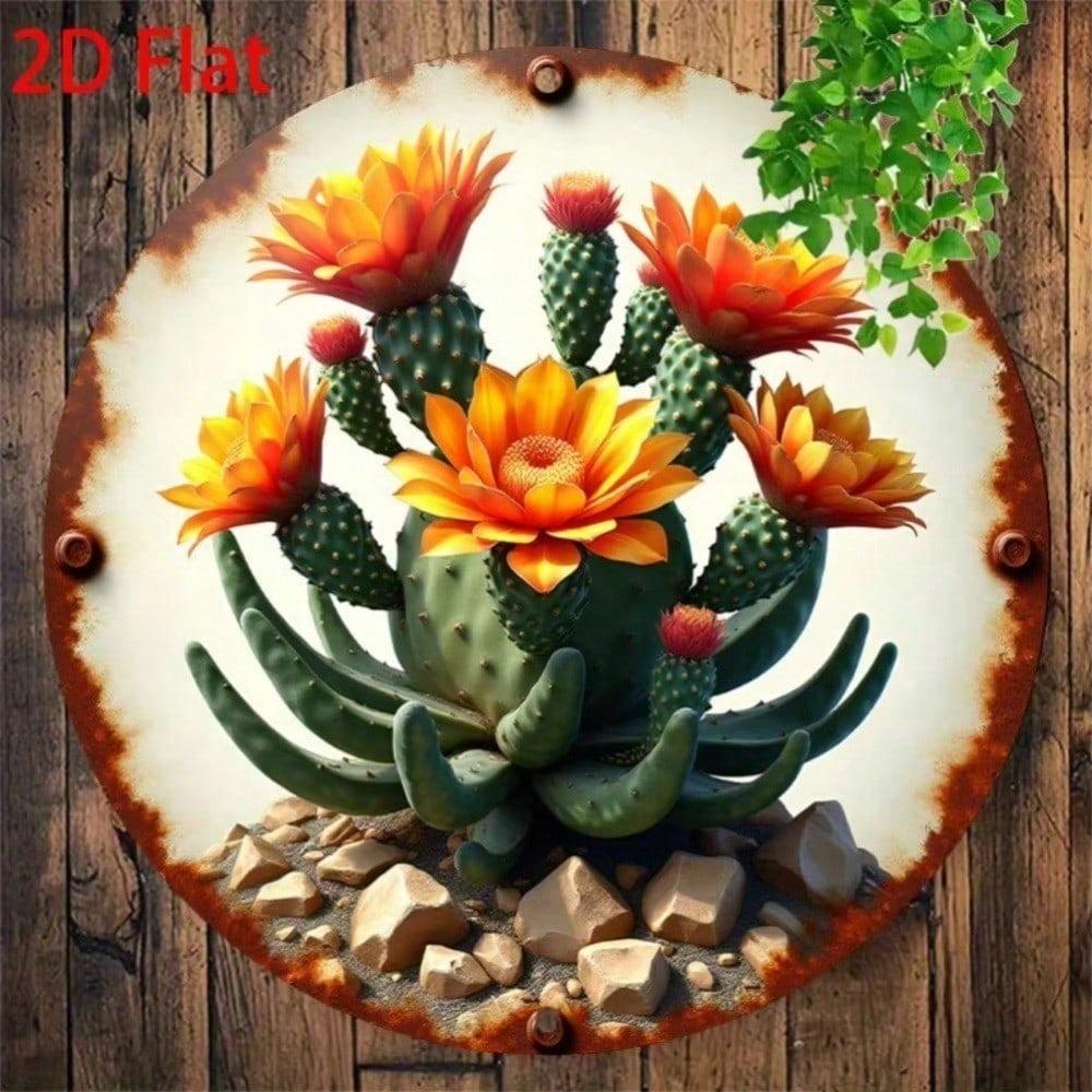 Vintage Metal Cactus Flower Wall Art 8x8 Inch Set Retro Home Decor For Kitchen Living Room Bedroom Easy To Hang