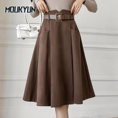 Woolen Ladies Elegant A-line Skirts Women Autumn Korean Style Solid Color All-match High Waist Long Skirt Faldas