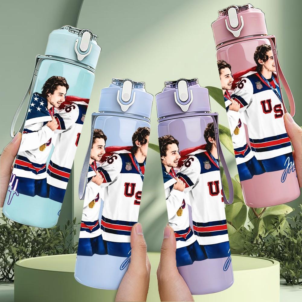 1PC Hockey Player Athlete 750ml Sports Water Bottle Leakproof Straw Lid Outdoor Office Home