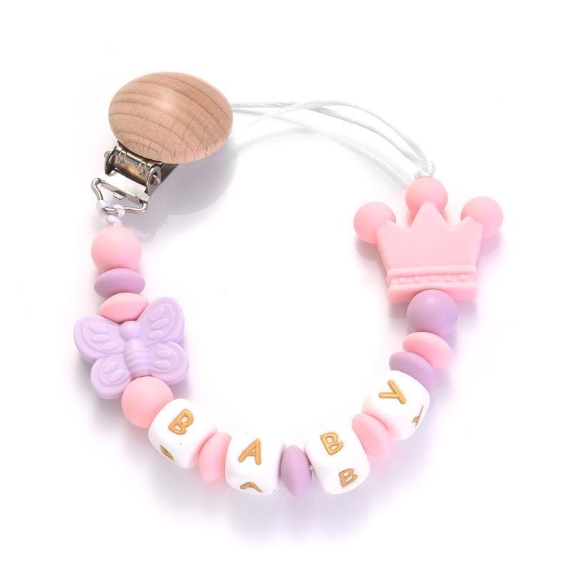 Round Wood Baby Dummy Holder Clip Crown Butterfly Silicone Beaded Teether Custom English Letter Name Pacifier Chain Nursing Toy