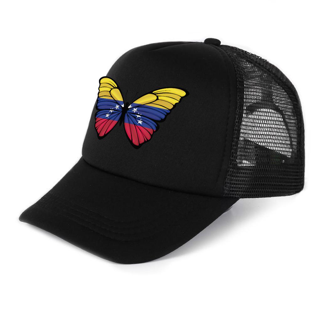 Venezuela Flag Butterfly Printed Trucker Hat Adjustable Non Stretch Multicolor Slouchy Cap for Street Style Golf Hiking