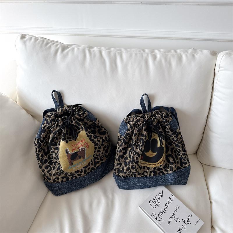 Vintage Leopard Print Unisex Kids Backpack Cute Cat Face Denim Bag With Large Capacity