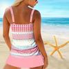 Women's Shoulder Strap Swimsuit, Pink Grid Printed Bikini Short Tank Top Swimsuit