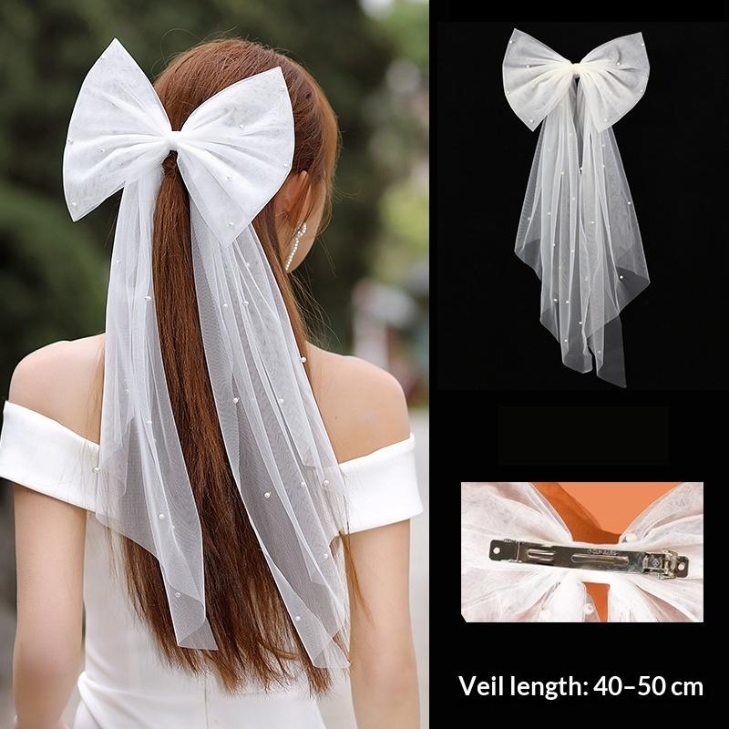 Pearl Decor White Tulle Bow Veil Hairpin Elegant Bridal Hair Clip Anti-slip for Wedding Banquet Prom Bridesmaid Present