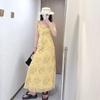 Coffee break French yellow floral suspender dress seaside vacation beautiful ruffle leaf temperament waist dress