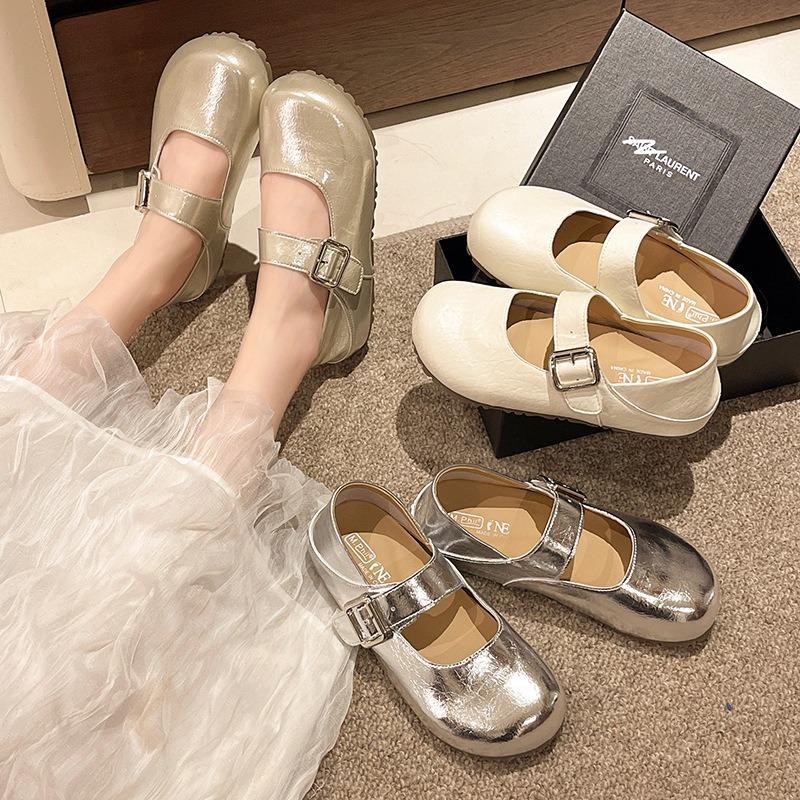 New Inner Height Increase Square Head Ballet Single Shoes Retro Small Leather Shoes Literary Style One Word Buckle Mary Jane Shoes