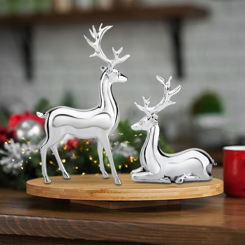Silver Deer 2PCS Electroplated Silver Deer Figurine Handicraft Piece Resin Sculpture Christmas Center Table Decorations