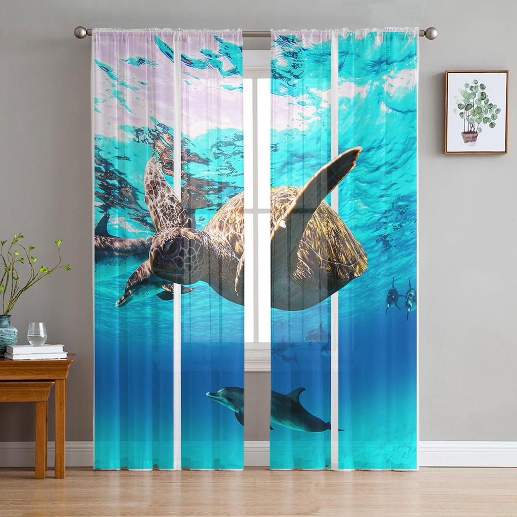 Blue Ocean Green Turtle Tulle Curtains For Living Room Bedroom Decoration Sheer Voile Window Curtains Party Drapes Panels