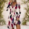 Women Criss Cross V Neck Long Sleeve Green Beige Printed Irregular Hem Dress