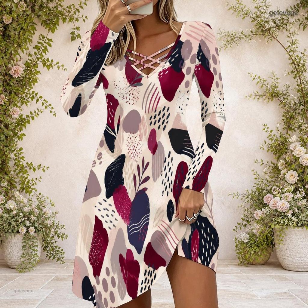 Women Criss Cross V Neck Long Sleeve Green Beige Printed Irregular Hem Dress