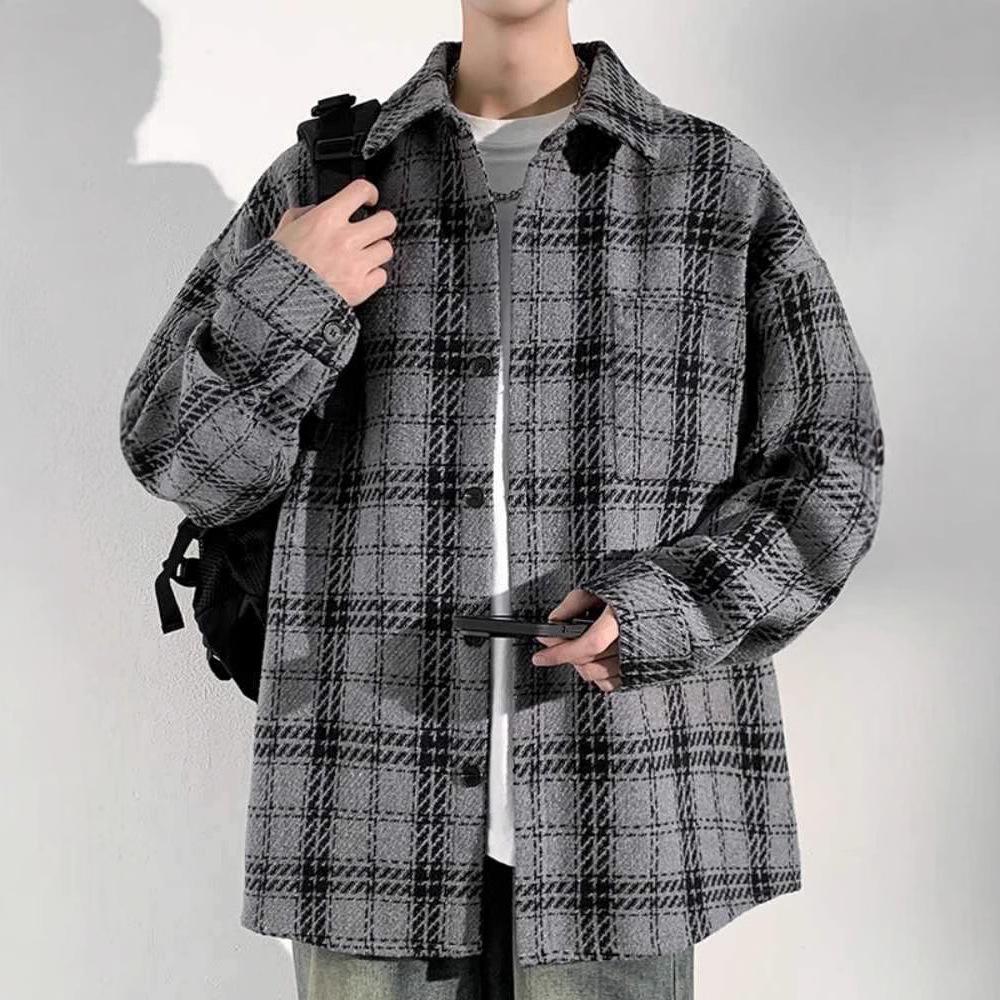 Plaid Shirt Jacket Men's Spring and Autumn New Casual Loose Couple Lapel Jacket