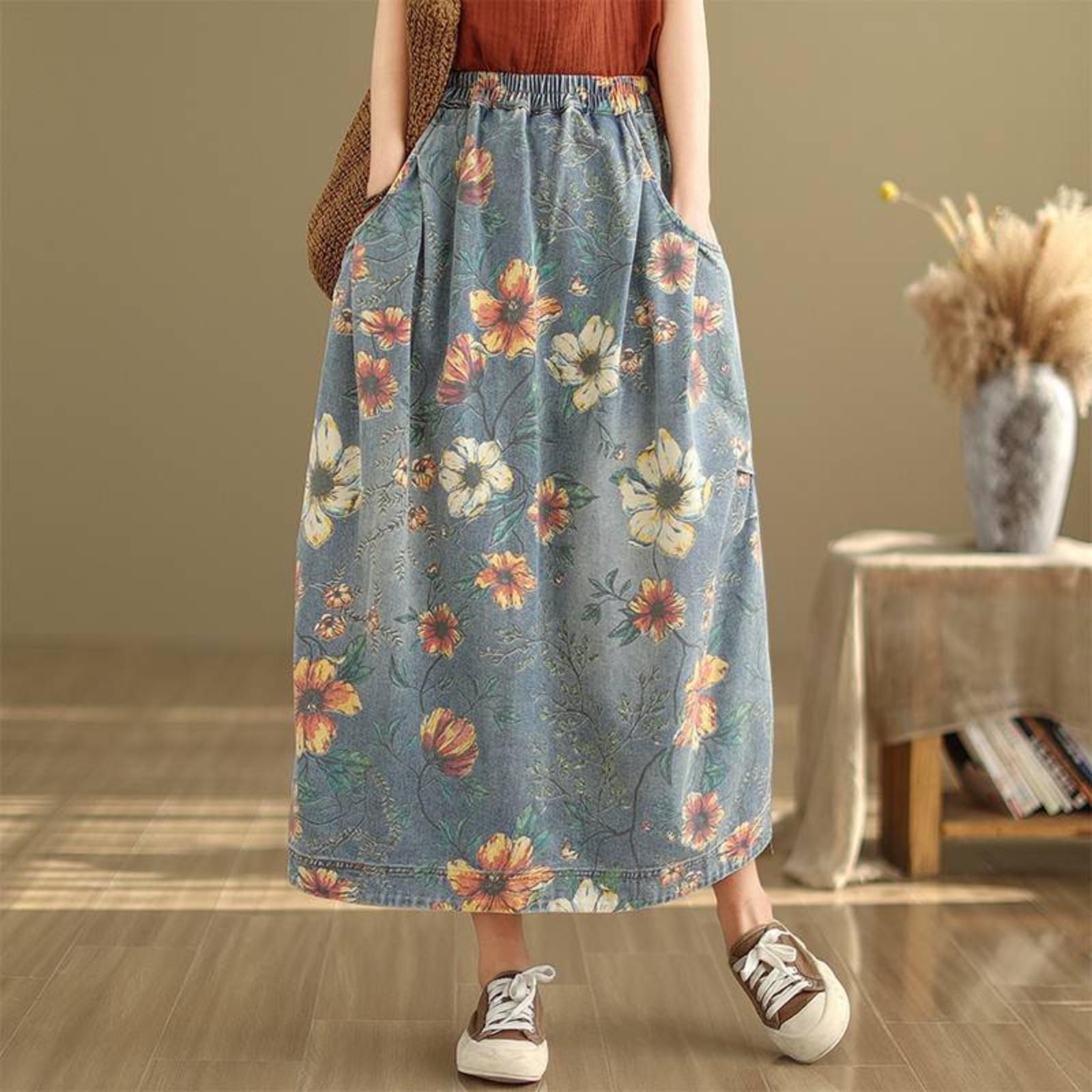 

Джинсовая юбка полубоди с эластичной талией, женская, весна-лето, литературная, ретро, свободная, повседневная, с принтом, вставками, средней длины, женская юбка XL